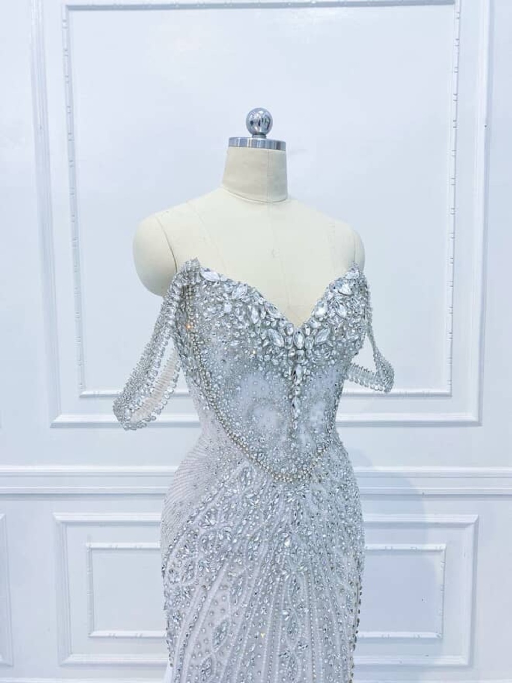 Beaded Off-Shoulder White Silver Evening Dress